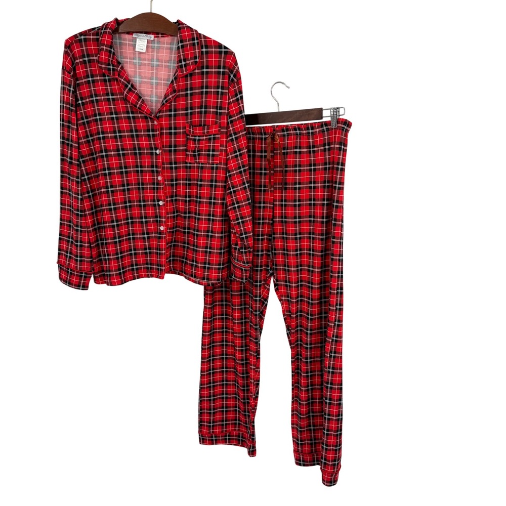 Elegant Emily Womens L Pajama Set‎ Red Black Plaid Sleepwear Long Sleeve